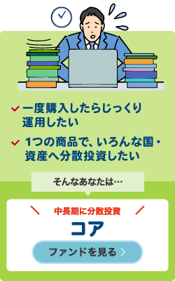 一度購入したらじっくり運用したい　1つの商品で、いろんな国・資産へ分散投資したい　そんなあなたは…　中長期に分散投資　コア　ファンドを見る