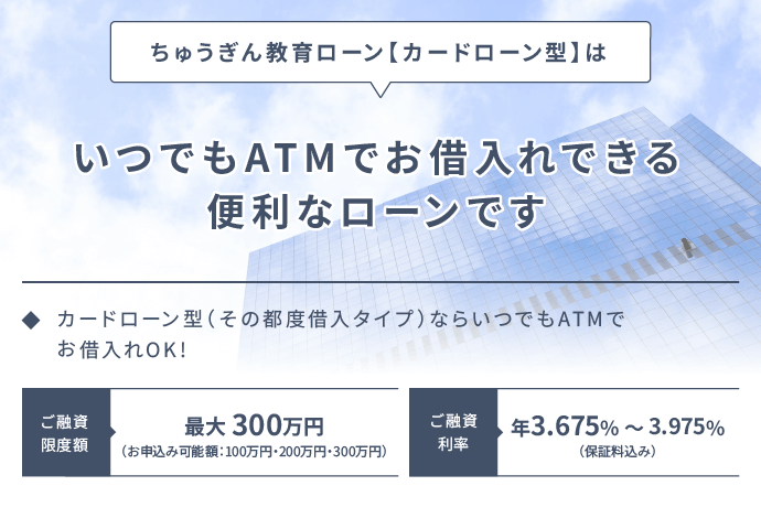 中国銀行は岡山県内個人のお取引きNo.1 ご融資率は年3.675～3.975％（保証料込み）ご融資限度額は最大300万円（お申込み可能額は100万円、200万円、300万円）カードローン型（その都度借入タイプ）ならいつでもATMでお借入れOK！