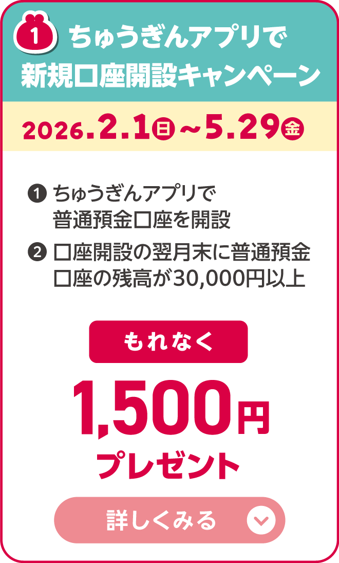 ちゅうぎんアプリで新規口座開設キャンペーン