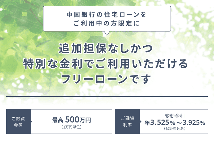 中国銀行の住宅ローンをご利用中の方限定に追加保証なしかつ特別な金利でご利用いただけるフリーローンです ご融資利率は変動金利で年2.875%から3.275%(保証料込み)。ご融資金額は最高500万円(1万円単位)。