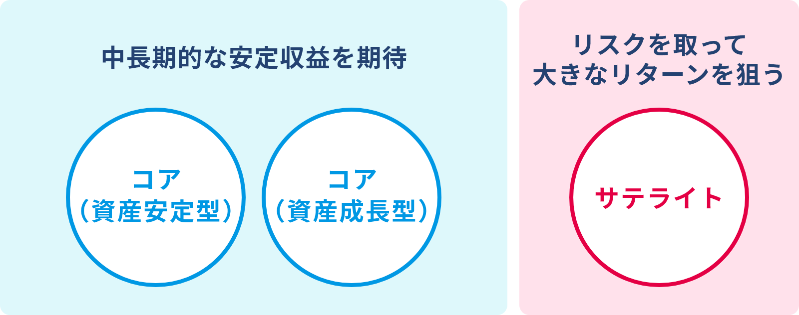 中長期的な安定収益を期待できるコア資産安定型とコア資産成長型。リスクを取って大きなリターンを狙うサテライト。