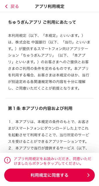 アプリの利用規定を確認、「利用規定に同意する」をタップ。