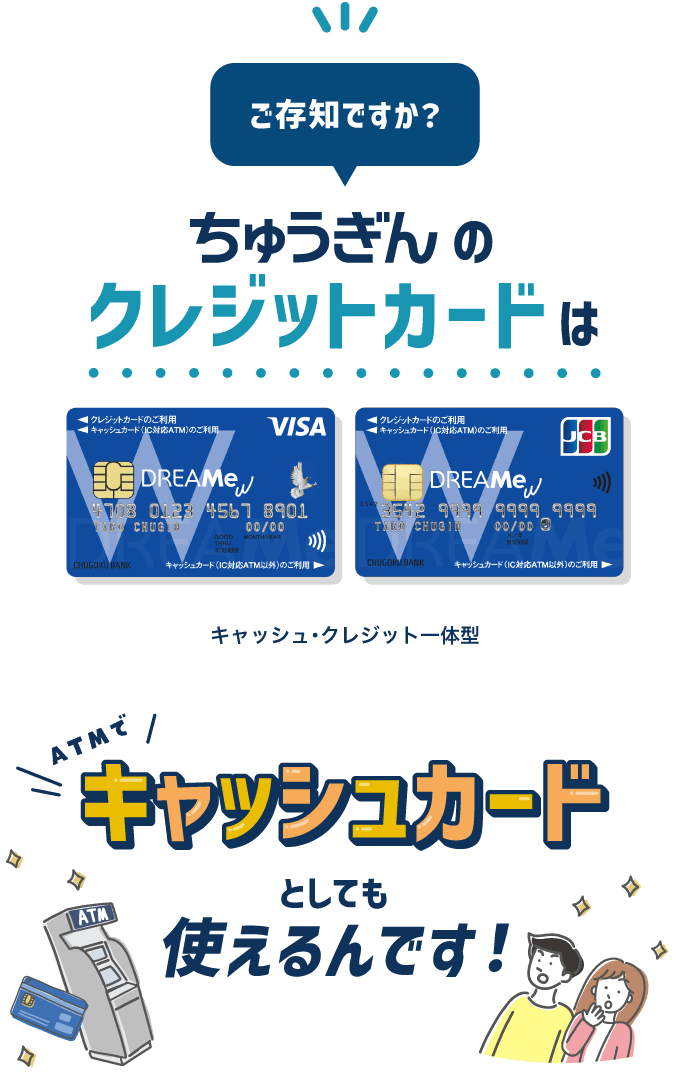 ご存知ですか？ちゅうぎんのクレジットカードは(キャッシュ・クレジット一体型)、ATMでキャッシュカードとしても使えるんです！