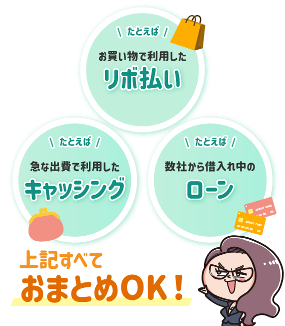 たとえばお買い物で利用したリボ払い たとえば急な出費で利用したキャッシング たとえば数社から借入れ中のローン 上記すべておまとめOK！
